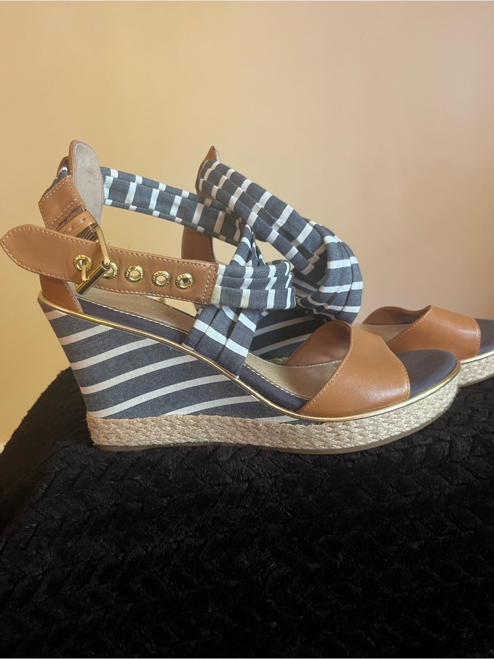 Sperry Tan Leather & Navy White Striped Espadrille Wedges